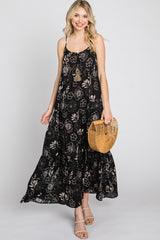 Black Floral Tiered Tassel Accent Maxi Dress