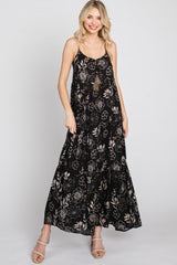 Black Floral Tiered Tassel Accent Maxi Dress