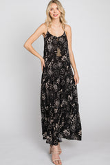 Black Floral Tiered Tassel Accent Maxi Dress