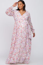 White Floral Chiffon Long Sleeve Pleated Maternity Plus Maxi Dress