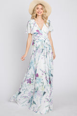 White Floral Chiffon Short Sleeve Maxi Dress