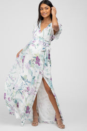 White Floral Chiffon Short Sleeve Maternity Maxi Dress