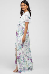 White Floral Chiffon Short Sleeve Maternity Maxi Dress