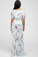 White Floral Chiffon Short Sleeve Maternity Maxi Dress