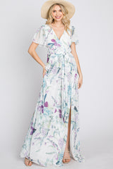 White Floral Chiffon Short Sleeve Maternity Maxi Dress