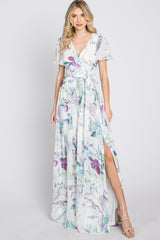 White Floral Chiffon Short Sleeve Maxi Dress