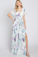 White Floral Chiffon Short Sleeve Maxi Dress