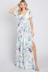 White Floral Chiffon Short Sleeve Maxi Dress