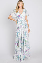 White Floral Chiffon Short Sleeve Maxi Dress