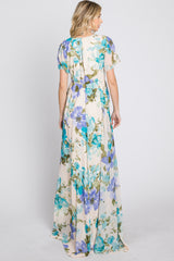 Blue Floral Chiffon Short Sleeve Side Slit Maxi Dress