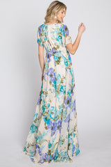 Blue Floral Chiffon Short Sleeve Side Slit Maxi Dress