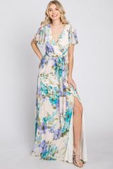 Blue Floral Chiffon Short Sleeve Side Slit Maxi Dress