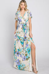 Blue Floral Chiffon Short Sleeve Side Slit Maxi Dress