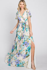 Blue Floral Chiffon Short Sleeve Side Slit Maxi Dress