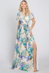 Blue Floral Chiffon Short Sleeve Side Slit Maxi Dress