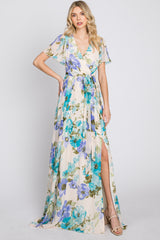 Blue Floral Chiffon Short Sleeve Side Slit Maxi Dress