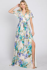 Blue Floral Chiffon Short Sleeve Side Slit Maxi Dress