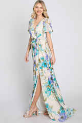 Blue Floral Chiffon Short Sleeve Side Slit Maxi Dress