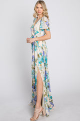 Blue Floral Chiffon Short Sleeve Side Slit Maxi Dress