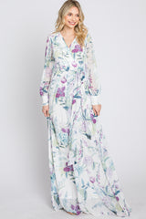 White Floral Chiffon Long Sleeve Pleated Maxi Dress