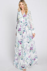 White Floral Chiffon Long Sleeve Pleated Maxi Dress