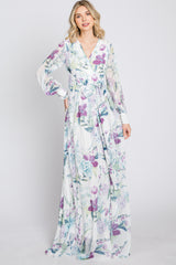 White Floral Chiffon Long Sleeve Pleated Maxi Dress