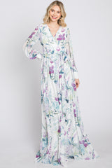 White Floral Chiffon Long Sleeve Pleated Maxi Dress