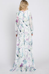 White Floral Chiffon Long Sleeve Pleated Maxi Dress