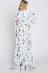 White Floral Chiffon Long Sleeve Pleated Maxi Dress