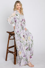 Lavender Floral Chiffon Long Sleeve Pleated Maxi Dress