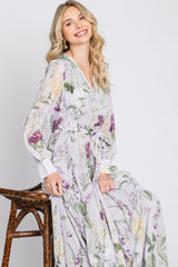 Lavender Floral Chiffon Long Sleeve Pleated Maxi Dress