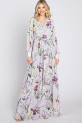 Lavender Floral Chiffon Long Sleeve Pleated Maxi Dress