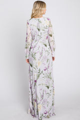 Lavender Floral Chiffon Long Sleeve Pleated Maxi Dress