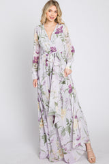 Lavender Floral Chiffon Long Sleeve Pleated Maxi Dress