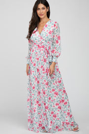 Ivory Floral Chiffon Long Sleeve Pleated Maxi Dress