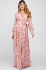 Pink Floral Chiffon Long Sleeve Pleated Maternity Maxi Dress