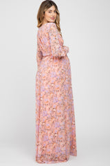 Pink Floral Chiffon Long Sleeve Pleated Maternity Maxi Dress