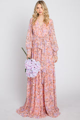 Pink Floral Chiffon Long Sleeve Pleated Maternity Maxi Dress