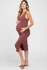 Dark Mauve Ribbed Ruched Maternity Fitted Midi Dress