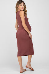 Dark Mauve Ribbed Ruched Maternity Fitted Midi Dress