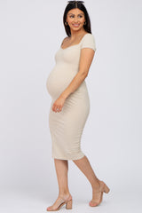 Beige Ribbed Sweetheart Neckline Maternity Fitted Dress