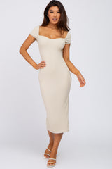 Beige Ribbed Sweetheart Neckline Maternity Fitted Dress