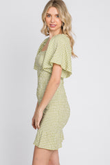 Light Olive Gingham Smocked Mini Dress