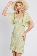 Light Olive Gingham Smocked Mini Dress