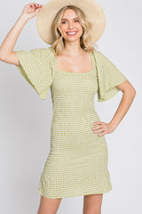 Light Olive Gingham Smocked Mini Dress