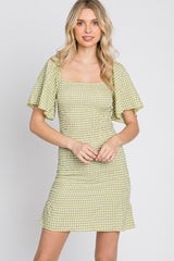 Light Olive Gingham Smocked Mini Dress