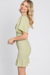 Light Olive Gingham Smocked Mini Dress