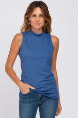 Blue Ribbed Sleeveless Mock Neck Top