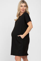 Black Ribbed Short Dolman Sleeve Maternity Dress