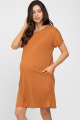 Orange Ribbed Short Dolman Sleeve Maternity Dress